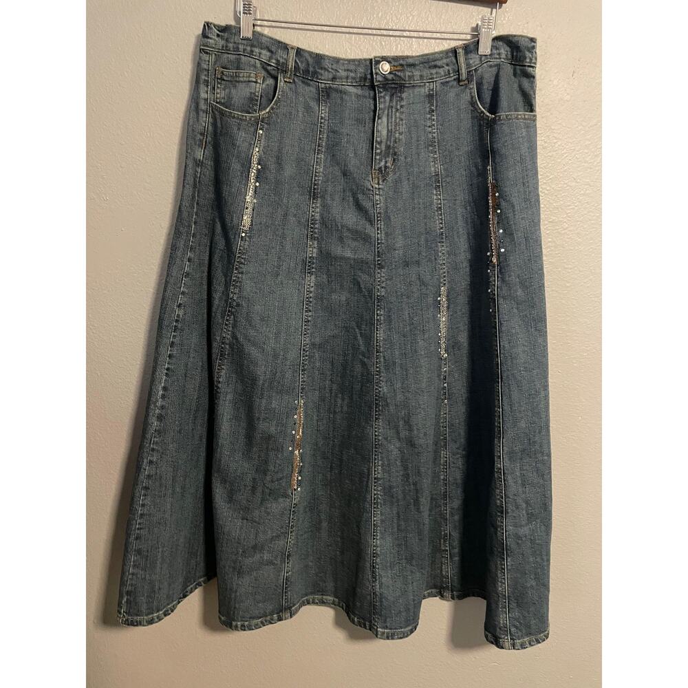 Quacker Factory Skirt Womens XL Blue Denim Rhinestone Sequin Pockets Stretch